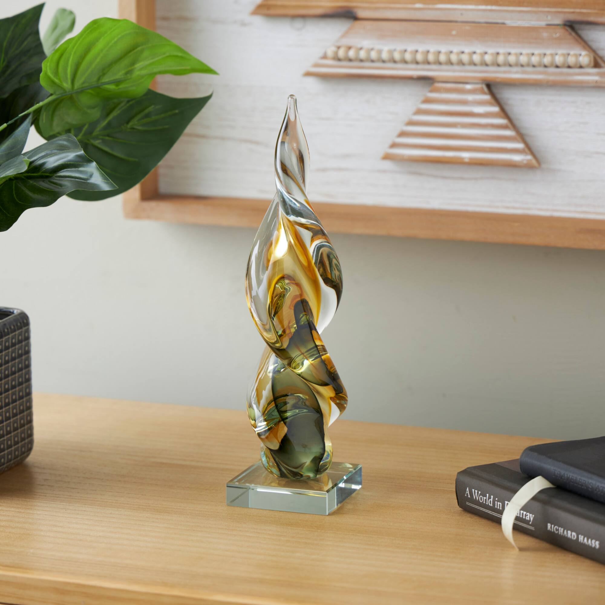 12" Clear, Yellow & Green Abstract Glass Sculpture